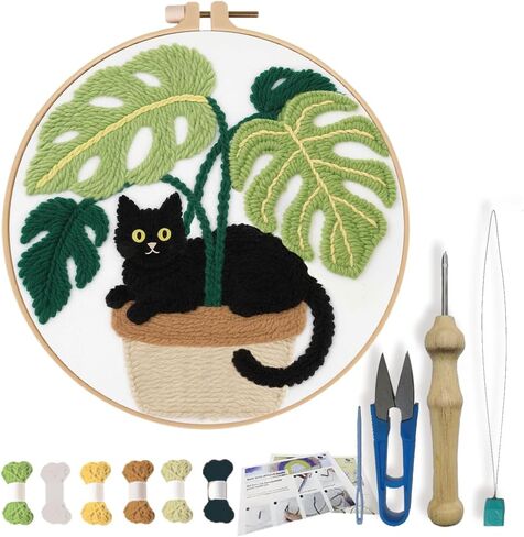 FREEBLOSS DIY Punch Needle Kits for Beginners Cartoon Cat Punch Needle Starter Craft Set with Hoop and Instruction Embroidery Set for Adults Festival Gift and Decoration, 7.9"/20cm in Kuwait