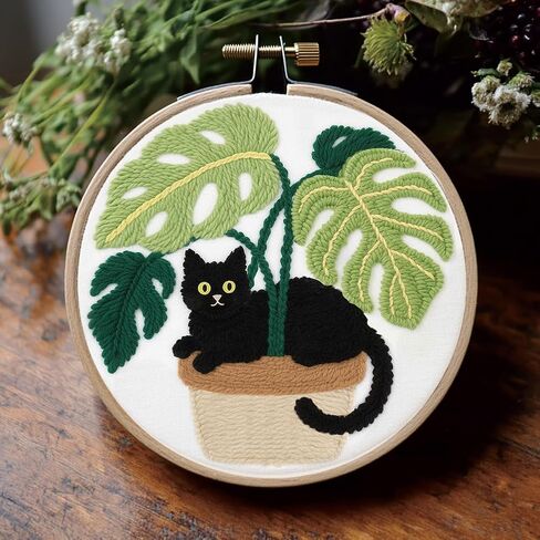 FREEBLOSS DIY Punch Needle Kits for Beginners Cartoon Cat Punch Needle Starter Craft Set with Hoop and Instruction Embroidery Set for Adults Festival Gift and Decoration, 7.9"/20cm in Kuwait