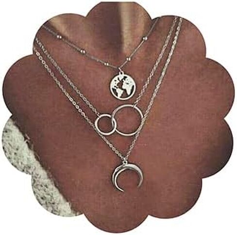 fxmimior 2 Tier Boho Dainty Layered Necklace Moon Necklaces Map Pendant Silver Gold Jewelry Stackable Choker Necklaces for Women and Girls in Saudi Arabia