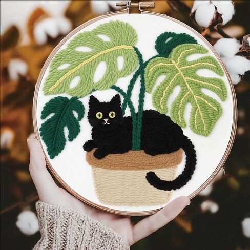 FREEBLOSS DIY Punch Needle Kits for Beginners Cartoon Cat Punch Needle Starter Craft Set with Hoop and Instruction Embroidery Set for Adults Festival Gift and Decoration, 7.9"/20cm in Kuwait