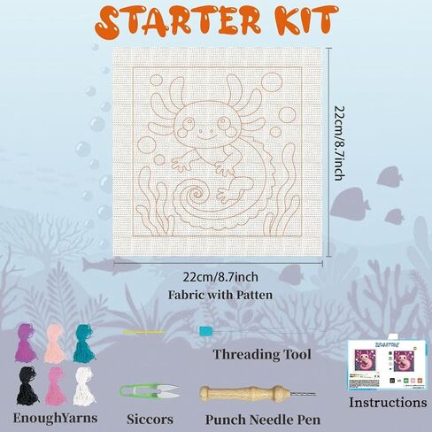 BEUNITONE الوردي Axolotl Punch Needle Kit للبالغين المبتدئين، مجموعة كاملة من الإبرة اليدوية مع طوق، مجموعة التطريز اليدوية للمبتدئين في الديكور اليدوي ومشاريع الخياطة 9.4X9.4 in Kuwait