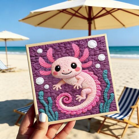 BEUNITONE الوردي Axolotl Punch Needle Kit للبالغين المبتدئين، مجموعة كاملة من الإبرة اليدوية مع طوق، مجموعة التطريز اليدوية للمبتدئين في الديكور اليدوي ومشاريع الخياطة 9.4X9.4 in Kuwait
