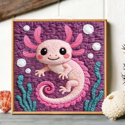 BEUNITONE الوردي Axolotl Punch Needle Kit للبالغين المبتدئين، مجموعة كاملة من الإبرة اليدوية مع طوق، مجموعة التطريز اليدوية للمبتدئين في الديكور اليدوي ومشاريع الخياطة 9.4X9.4 in Kuwait