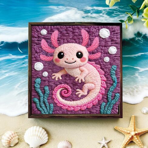 BEUNITONE الوردي Axolotl Punch Needle Kit للبالغين المبتدئين، مجموعة كاملة من الإبرة اليدوية مع طوق، مجموعة التطريز اليدوية للمبتدئين في الديكور اليدوي ومشاريع الخياطة 9.4X9.4 in Kuwait