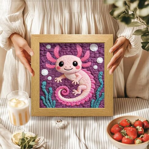 BEUNITONE الوردي Axolotl Punch Needle Kit للبالغين المبتدئين، مجموعة كاملة من الإبرة اليدوية مع طوق، مجموعة التطريز اليدوية للمبتدئين في الديكور اليدوي ومشاريع الخياطة 9.4X9.4 in Kuwait