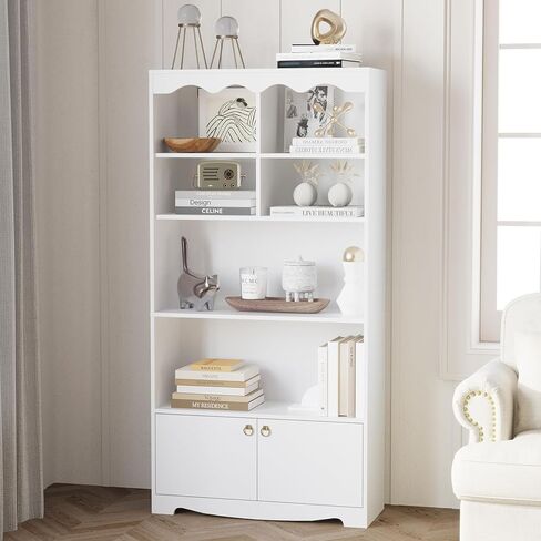 63" Tall Bookshelf, 5-Tier Open Bookcase with 2 Door Cabinets, Modern Wood Bookcase Storage Shelf with 6 Cubes, Freestanding Display Storage Cabinet, for Home Office, Living Room, Bedroom, White in Kuwait