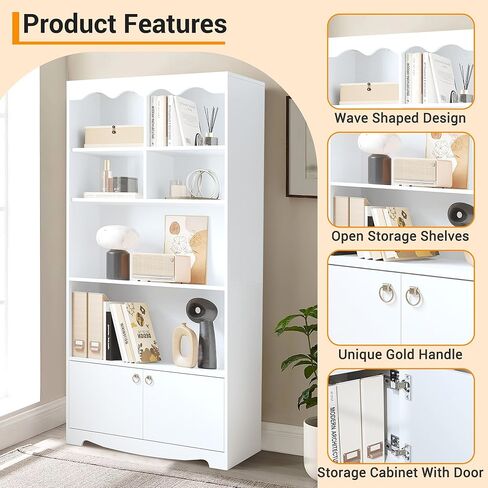 63" Tall Bookshelf, 5-Tier Open Bookcase with 2 Door Cabinets, Modern Wood Bookcase Storage Shelf with 6 Cubes, Freestanding Display Storage Cabinet, for Home Office, Living Room, Bedroom, White in Kuwait