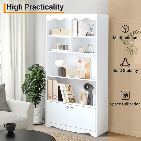 63" Tall Bookshelf, 5-Tier Open Bookcase with 2 Door Cabinets, Modern Wood Bookcase Storage Shelf with 6 Cubes, Freestanding Display Storage Cabinet, for Home Office, Living Room, Bedroom, White in Kuwait