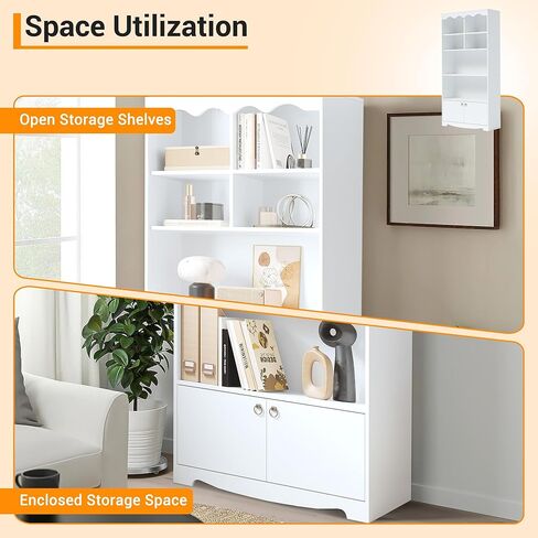 63" Tall Bookshelf, 5-Tier Open Bookcase with 2 Door Cabinets, Modern Wood Bookcase Storage Shelf with 6 Cubes, Freestanding Display Storage Cabinet, for Home Office, Living Room, Bedroom, White in Kuwait