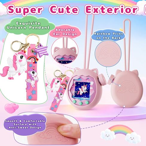 حافظة واقية لـ Tamagotchi Paradise، حافظة من السيليكون مع سلسلة مفاتيح يونيكورن، مقاومة للصدمات، حماية من السقوط، مقاومة للخدش والغبار، غطاء قرص تكبير، واقي شاشة (قطعتان) طقم تنظيف (وردي) in Kuwait