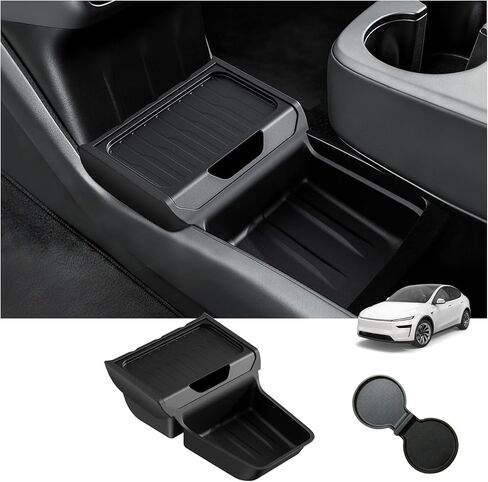 Lower Center Console Organizer for Tesla Model Y Standard 2025+, No More Digging in a Deep Console, Insert Tray with Easy-Open Lid, Dual-Layer with Quick Access & Deep Storage, TPE, 2PCS,Black in Kuwait