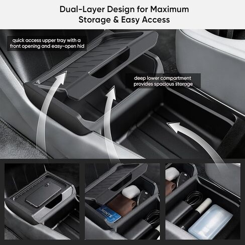 Lower Center Console Organizer for Tesla Model Y Standard 2025+, No More Digging in a Deep Console, Insert Tray with Easy-Open Lid, Dual-Layer with Quick Access & Deep Storage, TPE, 2PCS,Black in Kuwait