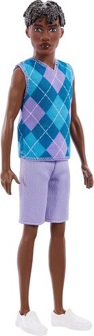 Barbie Fashionistas Style Ken Doll #253 with Brown Hair, Wearing Lavendar Shorts with Turquoise and Lavender Argyle Shirt, White Shoes in Kuwait