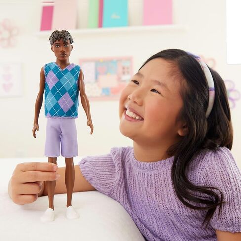 Barbie Fashionistas Style Ken Doll #253 with Brown Hair, Wearing Lavendar Shorts with Turquoise and Lavender Argyle Shirt, White Shoes in Kuwait