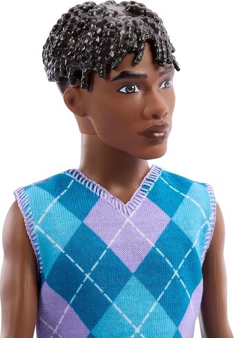 Barbie Fashionistas Style Ken Doll #253 with Brown Hair, Wearing Lavendar Shorts with Turquoise and Lavender Argyle Shirt, White Shoes in Kuwait