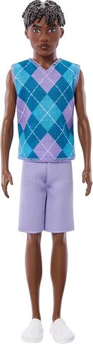 Barbie Fashionistas Style Ken Doll #253 with Brown Hair, Wearing Lavendar Shorts with Turquoise and Lavender Argyle Shirt, White Shoes in Kuwait