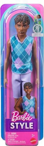 Barbie Fashionistas Style Ken Doll #253 with Brown Hair, Wearing Lavendar Shorts with Turquoise and Lavender Argyle Shirt, White Shoes in Kuwait