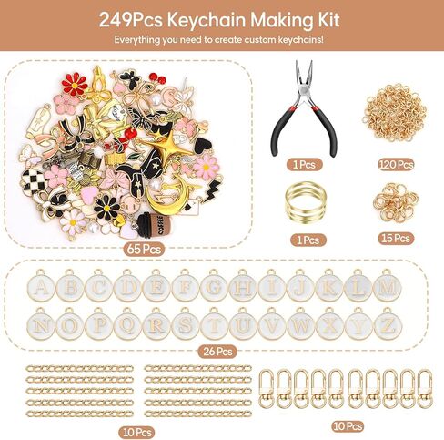 sunla 249Pcs Charms Lip Gloss Keychain Making Kit, DIY Craft Supplies with Charms, Key Chain Hooks, Jump Rings, Chains & Tools, Jewelry Making Kit for Custom Keychains, Bags in Kuwait