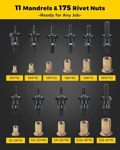 YUZES Rivet Nut Tool Kit, 14" Rivnut Tool with 11 Metric & SAE Mandrels, 175Pcs Rivet Nuts Kit, Professional Nutsert Tool Kit forAuto Mods, RV/Van Conversion & Metal Fabrication, Rugged BMC Case in Kuwait