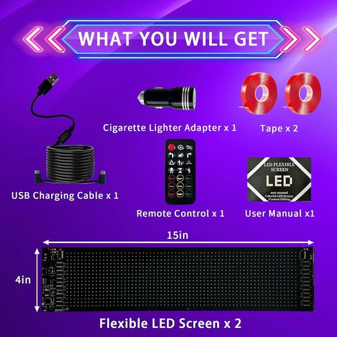 قطعتان من عيون LED الشيطانية المتزامنة للزجاج الأمامي للسيارة، مصابيح Ojos Led Para Carro مقاس 15 بوصة × 4 بوصة للشاحنة، لوحة مصفوفة متحركة كاملة الألوان قابلة للبرمجة، عيون إلكترا، تطبيق ذكي وجهاز تحكم عن بعد in Kuwait