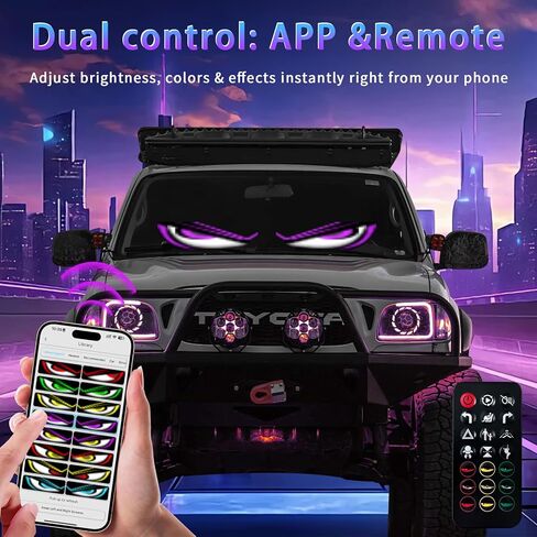 قطعتان من عيون LED الشيطانية المتزامنة للزجاج الأمامي للسيارة، مصابيح Ojos Led Para Carro مقاس 15 بوصة × 4 بوصة للشاحنة، لوحة مصفوفة متحركة كاملة الألوان قابلة للبرمجة، عيون إلكترا، تطبيق ذكي وجهاز تحكم عن بعد in Kuwait