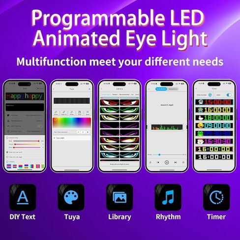 قطعتان من عيون LED الشيطانية المتزامنة للزجاج الأمامي للسيارة، مصابيح Ojos Led Para Carro مقاس 15 بوصة × 4 بوصة للشاحنة، لوحة مصفوفة متحركة كاملة الألوان قابلة للبرمجة، عيون إلكترا، تطبيق ذكي وجهاز تحكم عن بعد in Kuwait