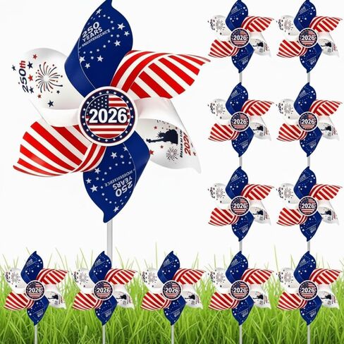 Junkin 12 Pack American Flag pinwheels Patriotic pinwheels 250th Anniversary 4th of July Decorations Red and White Wind Spinners with Stake for Yard Independence Day Memorial Day Outdoor Decorations in Kuwait