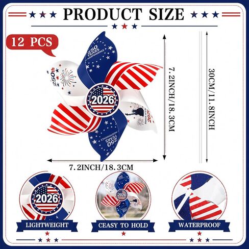 Junkin 12 Pack American Flag pinwheels Patriotic pinwheels 250th Anniversary 4th of July Decorations Red and White Wind Spinners with Stake for Yard Independence Day Memorial Day Outdoor Decorations in Kuwait