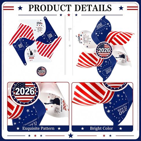 Junkin 12 Pack American Flag pinwheels Patriotic pinwheels 250th Anniversary 4th of July Decorations Red and White Wind Spinners with Stake for Yard Independence Day Memorial Day Outdoor Decorations in Kuwait