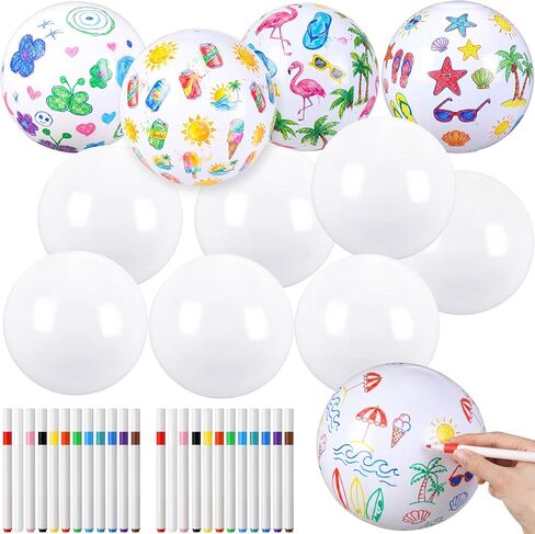 Sanwuta 18 Pack DIY Inflatable Beach Ball Craft Kit, 5.9" White PVC Beach Balls with 3 Boxes Colorful Acrylic Markers, Paint Your Own Set for Summer Activities Pool Decoration Supplies in Kuwait