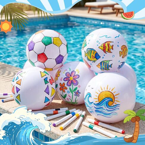 Sanwuta 18 Pack DIY Inflatable Beach Ball Craft Kit, 5.9" White PVC Beach Balls with 3 Boxes Colorful Acrylic Markers, Paint Your Own Set for Summer Activities Pool Decoration Supplies in Kuwait