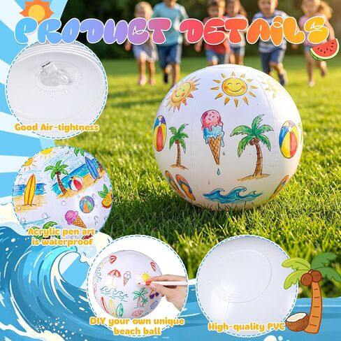 Sanwuta 18 Pack DIY Inflatable Beach Ball Craft Kit, 5.9" White PVC Beach Balls with 3 Boxes Colorful Acrylic Markers, Paint Your Own Set for Summer Activities Pool Decoration Supplies in Kuwait
