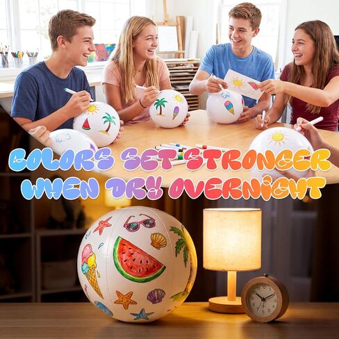 Sanwuta 18 Pack DIY Inflatable Beach Ball Craft Kit, 5.9" White PVC Beach Balls with 3 Boxes Colorful Acrylic Markers, Paint Your Own Set for Summer Activities Pool Decoration Supplies in Kuwait
