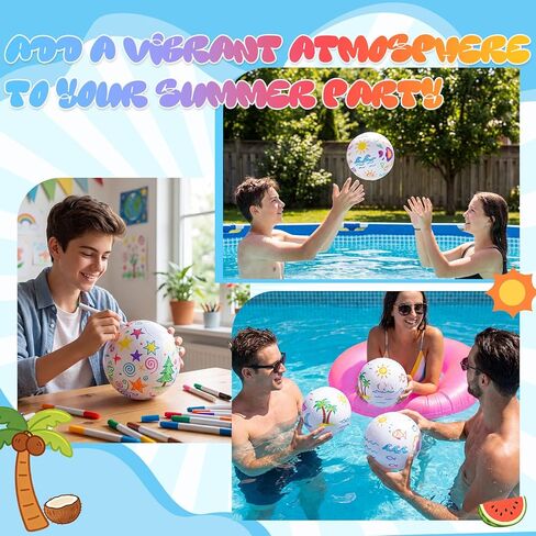 Sanwuta 18 Pack DIY Inflatable Beach Ball Craft Kit, 5.9" White PVC Beach Balls with 3 Boxes Colorful Acrylic Markers, Paint Your Own Set for Summer Activities Pool Decoration Supplies in Kuwait