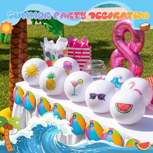 Sanwuta 18 Pack DIY Inflatable Beach Ball Craft Kit, 5.9" White PVC Beach Balls with 3 Boxes Colorful Acrylic Markers, Paint Your Own Set for Summer Activities Pool Decoration Supplies in Kuwait