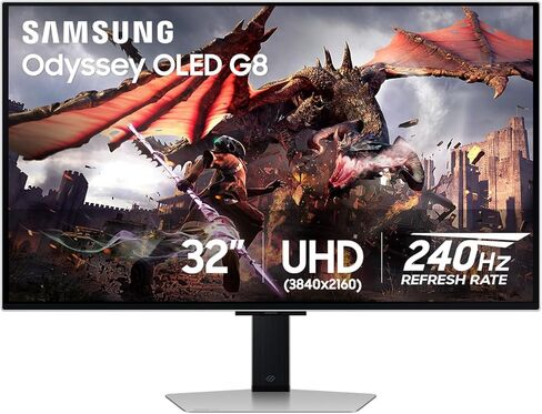 شاشة الألعاب الذكية Samsung Odyssey OLED G8 (G80SD) مقاس 32 بوصة بدقة 4K UHD، 240 هرتز 0.03 مللي ثانية، شاشة خالية من الوهج، مركز ألعاب، تصميم معدني أنيق قابل للتعديل، LS32DG802SNXZA، 2024 (متجدد)، فضي in Saudi Arabia
