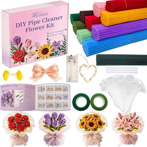Wsomeso 600PCS Rainbow Pipe Cleaner Flower Kit with LED Fairy Lights,Chenille Stems for Pipe Cleaners Craft,Tutorial Book & Video,Pastel Pipe Cleaners Bulk DIY Craft for Adult & Kid Gift in Kuwait