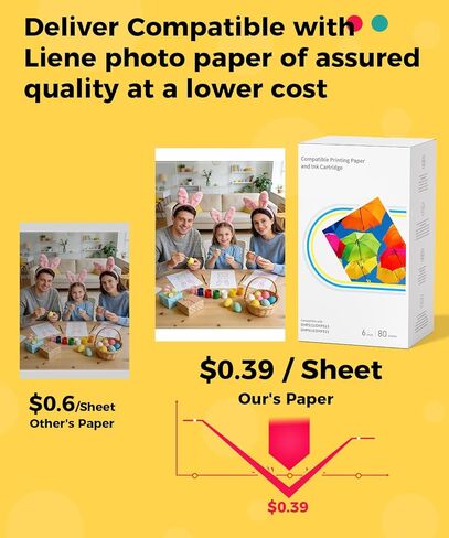 Compatible with Liene Amber M100/M200/M110/M210 4" x 6" Photo Printer 80 Sheets Photo Paper & 2 Ink Cartridges Refill, for DHP512/DHP513/DHP514/DHP515, for Display, Framing, Scrapbook in Kuwait