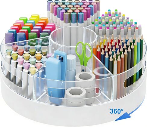 CraftGenes Rotating Pencil Organizer for Desk, 360 Smooth Spinning Marker Organizer, Clear Acrylic Pen Holder, Art Supply Storage & Lazy Susan Desktop Caddy for Kids, School, Office & Craft Room in Kuwait