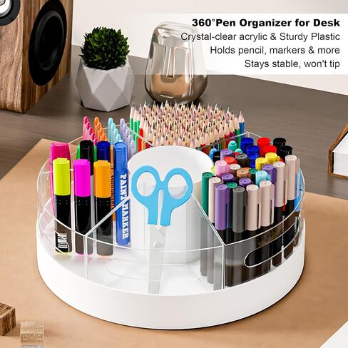 CraftGenes Rotating Pencil Organizer for Desk, 360 Smooth Spinning Marker Organizer, Clear Acrylic Pen Holder, Art Supply Storage & Lazy Susan Desktop Caddy for Kids, School, Office & Craft Room in Kuwait