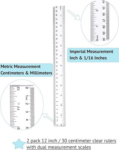 Ruler 12 Inch, 2 Pack Clear Plastic Rulers with Inches and Metric, Shatterproof Transparent Straight Edge for School Office, Easy-to-Read mm cm Markings in Kuwait