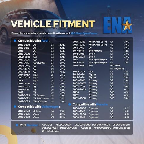 مستشعر سرعة العجلات الأمامية اليمنى أو الخلفية اليمنى من ENA ALS1312 متوافق مع Audi Porsche VW Volkswagen A3 Q3 Quattro Q7 TTS Quattro 1.4L 1.8L 2.0L l4 V6 2003-2025 بديل لمجموعة 7L0927808A من 1 in Kuwait