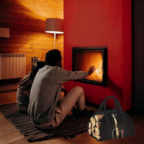 Black Guitar Firewood Carrier Bag-Heavy Duty Canvas Log Tote, Waterproof Wood Hauler With Padded Handles in Kuwait