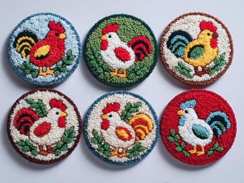 6PCS Punch Needle Coaster Kit Chick Roosters Easy for Beginners Stress Relief Craft Set with Hoop Yarn & Patterns DIY Embroidery Mug Rug Kit for Adults Kids Home Decor-2 in Kuwait