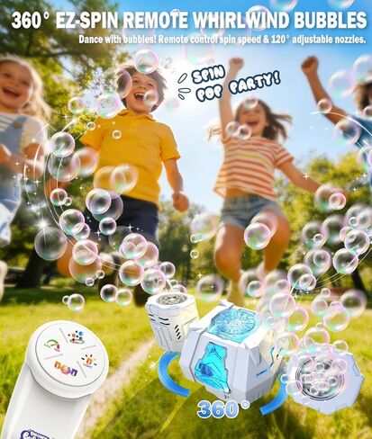 Bubble Machine - Auto 360° Rotation, Remote Control (65-131ft), 11-Color RGB Lights, 40000+ Bubbles, 1200mAh USB-C Rechargeable - Gift Toys for Kids, Toddler, Boys, Girls, Parties, Birthday, Wedding in Kuwait