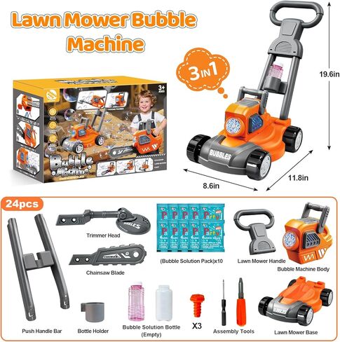 juman Bubble Lawn Mower for Kids, 3in1 Electric Bubble Machine with 10 Bubble Solution, Summer Outdoor Toddler Toys Bubble Blower with Lights, Party Birthday Gift for Boys Girls 3 4 5 6 7 8 Year in Kuwait