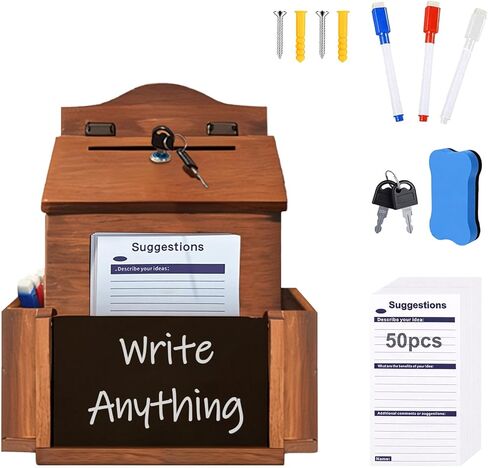 Suggestion Box with Slot and Lock, Wood Donation & Ballot Box with 50 Suggestion Cards, Wall Mounted or Countertop Drop Box with Chalkboard and Keys for Church, Office, Wedding in Kuwait
