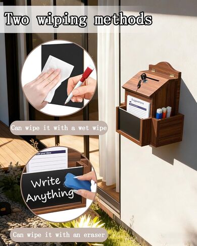 Suggestion Box with Slot and Lock, Wood Donation & Ballot Box with 50 Suggestion Cards, Wall Mounted or Countertop Drop Box with Chalkboard and Keys for Church, Office, Wedding in Kuwait