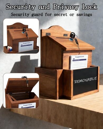 Suggestion Box with Slot and Lock, Wood Donation & Ballot Box with 50 Suggestion Cards, Wall Mounted or Countertop Drop Box with Chalkboard and Keys for Church, Office, Wedding in Kuwait