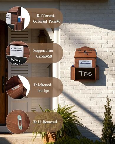 Suggestion Box with Slot and Lock, Wood Donation & Ballot Box with 50 Suggestion Cards, Wall Mounted or Countertop Drop Box with Chalkboard and Keys for Church, Office, Wedding in Kuwait